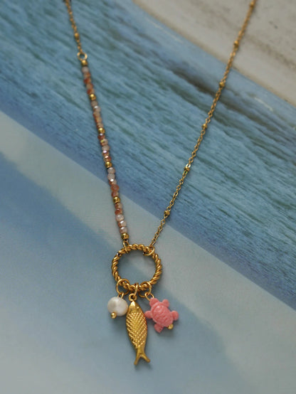 Stainless Steel Natural Freshwater Pearl Fish Shape Pendant Necklace For Women 18K Gold Plated Waterproof Jewelry For Vacation