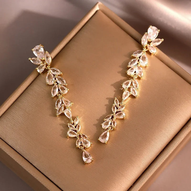 Long Wedding CZ Flower Dangle Earrings Women Jewelry