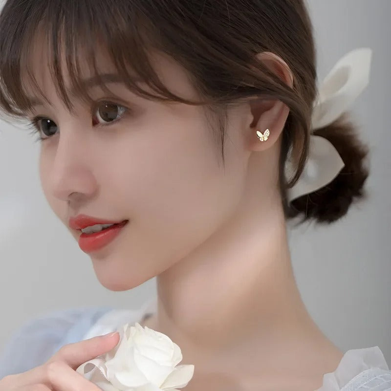 Real 925 Sterling Silver Tiny Zircon Butterfly Stud Earrings For Fashion Women Cute Fine Jewelry 18k Gold Accessories