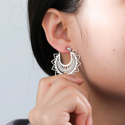 Women Gold Lotus Flower Hoop Earrings Ethnic Mandala Wedding Jewelry Gift