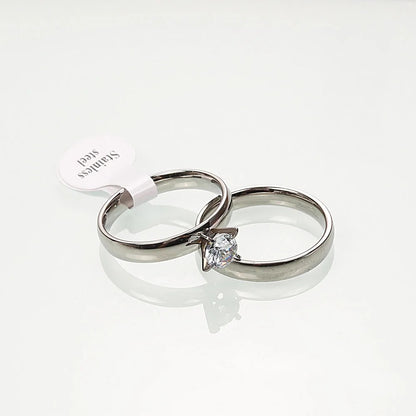 2pcs Gold Stainless Steel Couple Rings Zircon Charm Jewelry Gift Set