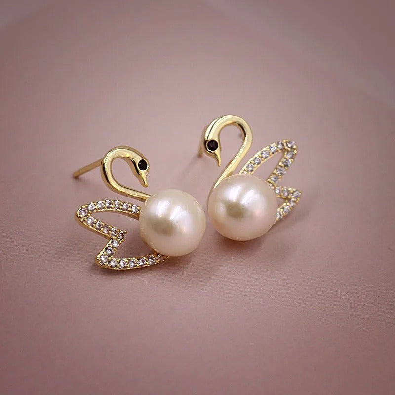 Korean 925 Silver Swan Earrings Hollow Crystal Pearl Studs