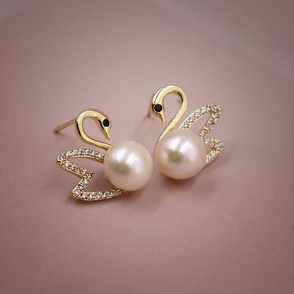 Korean 925 Silver Swan Earrings Hollow Crystal Pearl Studs