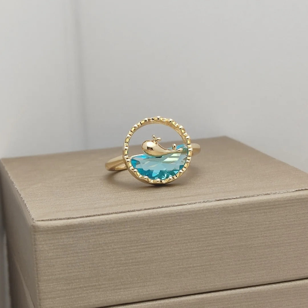 Sweet and Fashionable Blue Ocean Whale Crystal Zircon Ring with Micro Inlay and Open-ended Design