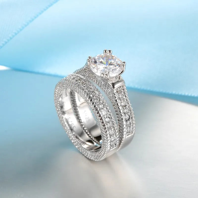 Elegant Wedding Engagement Couple Rings  Silver Color Anniversary Accessory With Full Shiny Zircon Stone