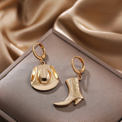 Punk Western Cowboy Hat & Boot Earrings Gold Plated Asymmetric Hoop Charms for Unisex Rock Style