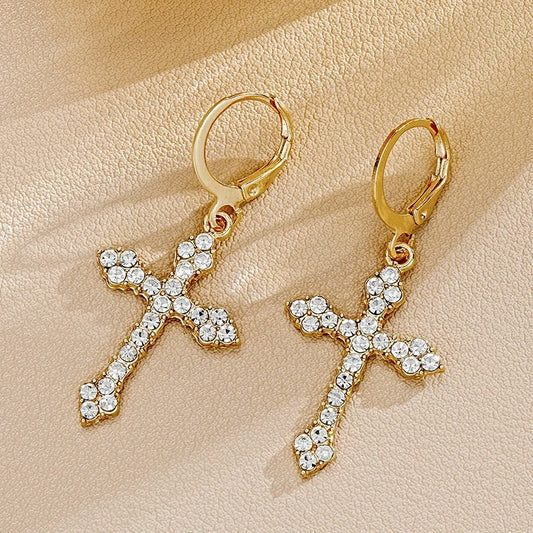 Rhinestone Cross Earrings Kpop Crystal Zircon Cross Drop Earring for Women Earrings Jewelry Accessories