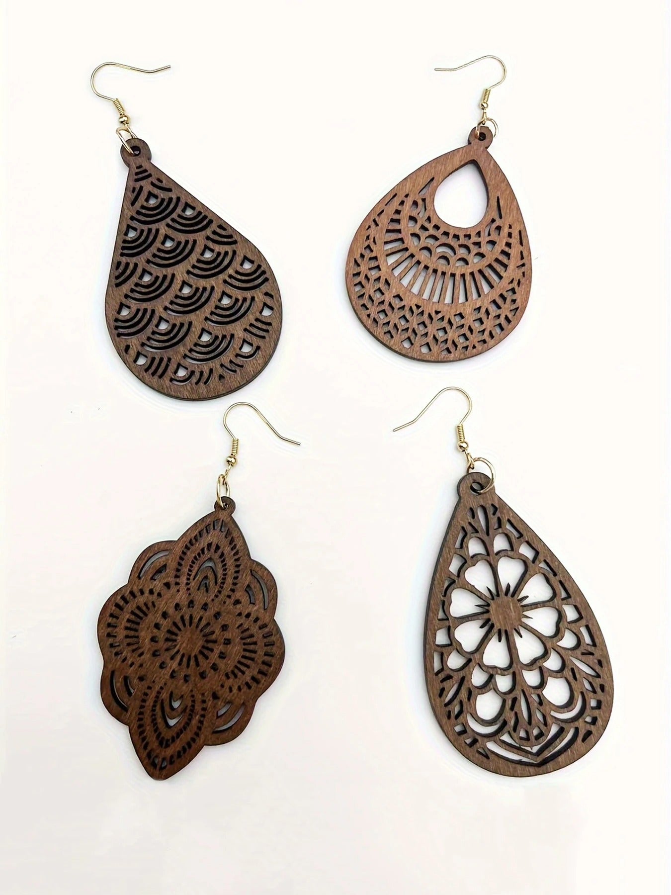 Elegant Wooden Flower Earrings Set 4 Pairs Vintage Retro Style
