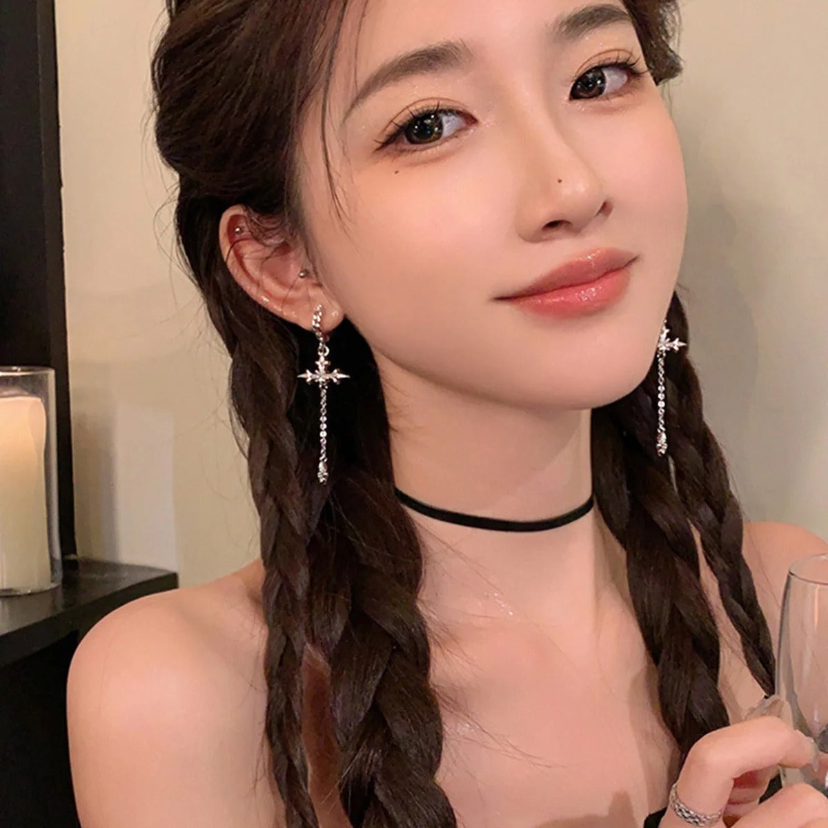 Cool Cross Earrings Rhinestone Zircon Long Tassel Y2K Jewelry for Girls