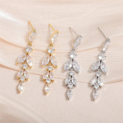 Elegant Marquise Leaf CZ Drop Earrings for Weddings