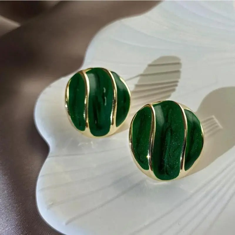 Vintage French Green White Earrings for Women Trendy Stud Jewelry