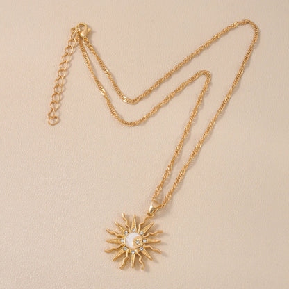 Shining Sun, Star & Moon Pendant Necklace Retro Rhinestone Three-in-One Design for Women, Versatile Party Jewelry