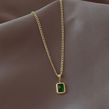 Retro Square Green Zircon Pendant Necklace For Women Titanium Steel Necklace Girls Wedding Engagement Jewelry
