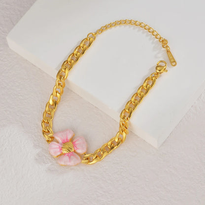 Stainless Steel Flower Bracelet Chunky Cuban Link Gold Women Jewelry