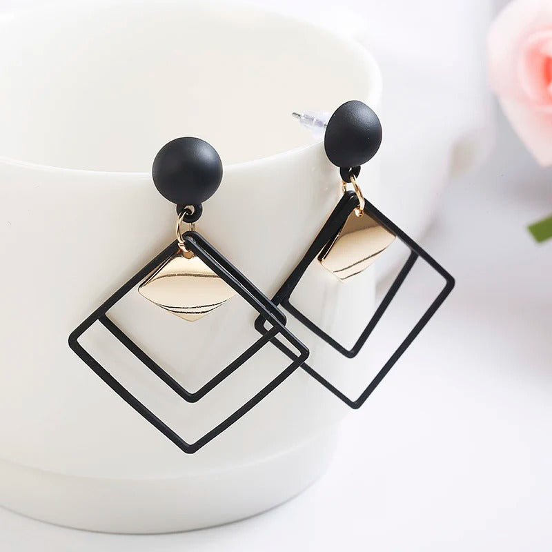 Black Double Layer Hollow Rhombus Drop Earrings Women’s Party Jewelry