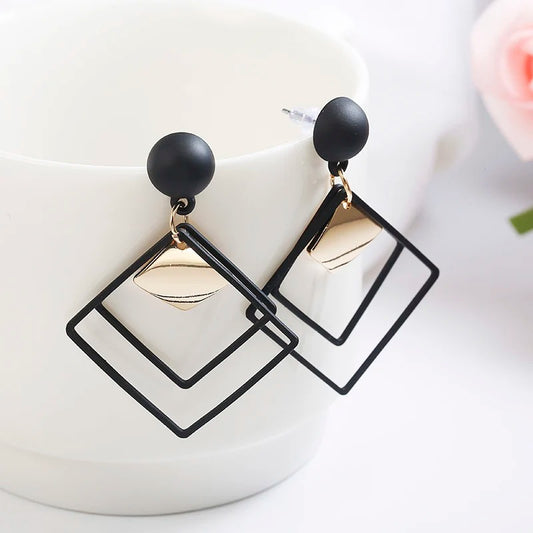 Black Double Layer Hollow Rhombus Drop Earrings Women’s Party Jewelry