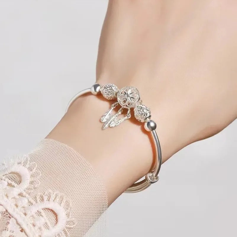 Luxury 925 Sterling Silver Bead Ball Bracelets For Women Elegant Dreamcatcher Tassel Feather Adjustable Bracelet Party Jewelry