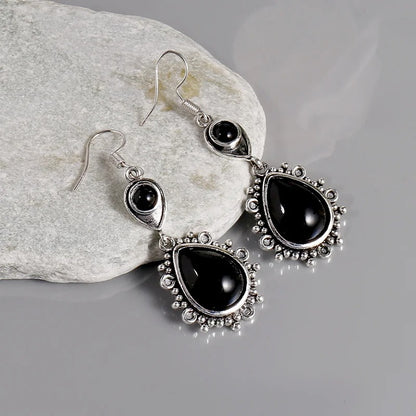 Vintage Black Stone Drop Earring Jewelry Triangle Hollow Ear Jewelry For Women Girls