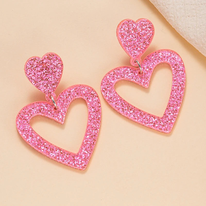 Golden Double Heart Drop Earrings Women Bling Acrylic Jewelry