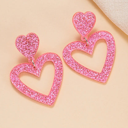 Golden Double Heart Drop Earrings Women Bling Acrylic Jewelry