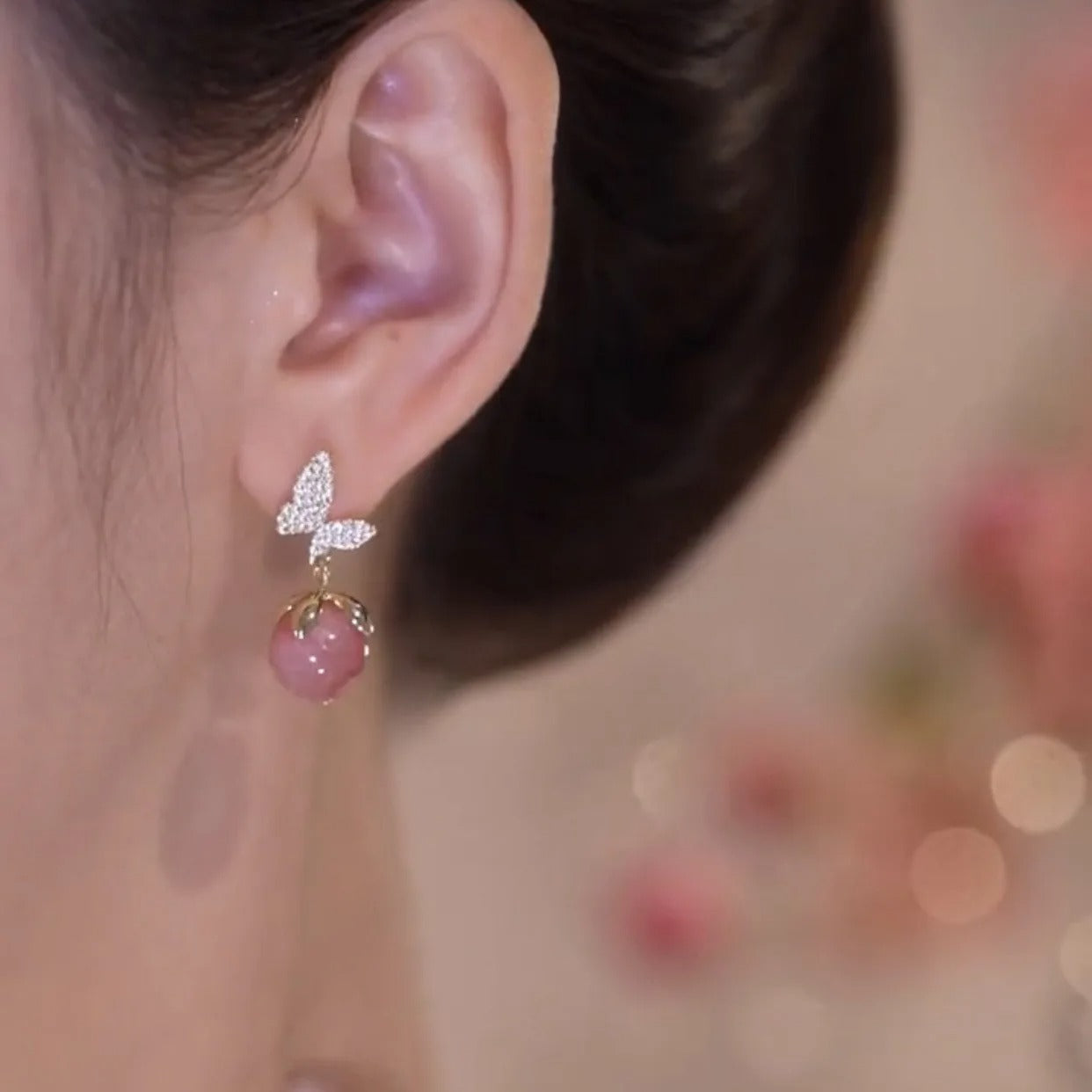 Pink Opal Cherry Drop Earrings with Zircon for Women