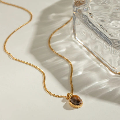 Classic 18K Gold Color Plated Stainless Steel Oval Tiger Eye Stone Pendant Necklace Women's Jewelry Holiday Gift