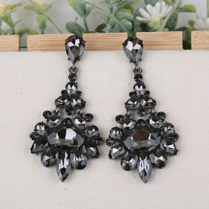 Bridal Long Drop Earrings Dark Blue Gray Champagne Crystals
