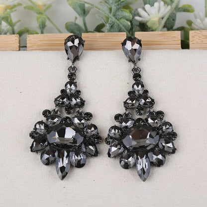 Bridal Long Drop Earrings Dark Blue Gray Champagne Crystals