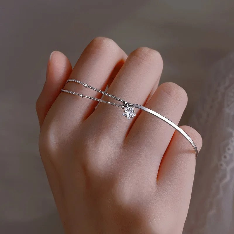 925 Sterling Silver Zircon Stars Pendant Bracelets for Women Girls Double Layered Bead Chain Korean Style Party Jewelry Gifts