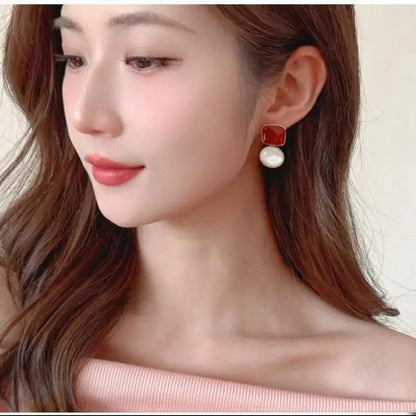 Vintage Square Earrings 925 Silver Red Blue Korean Fashion Jewelry