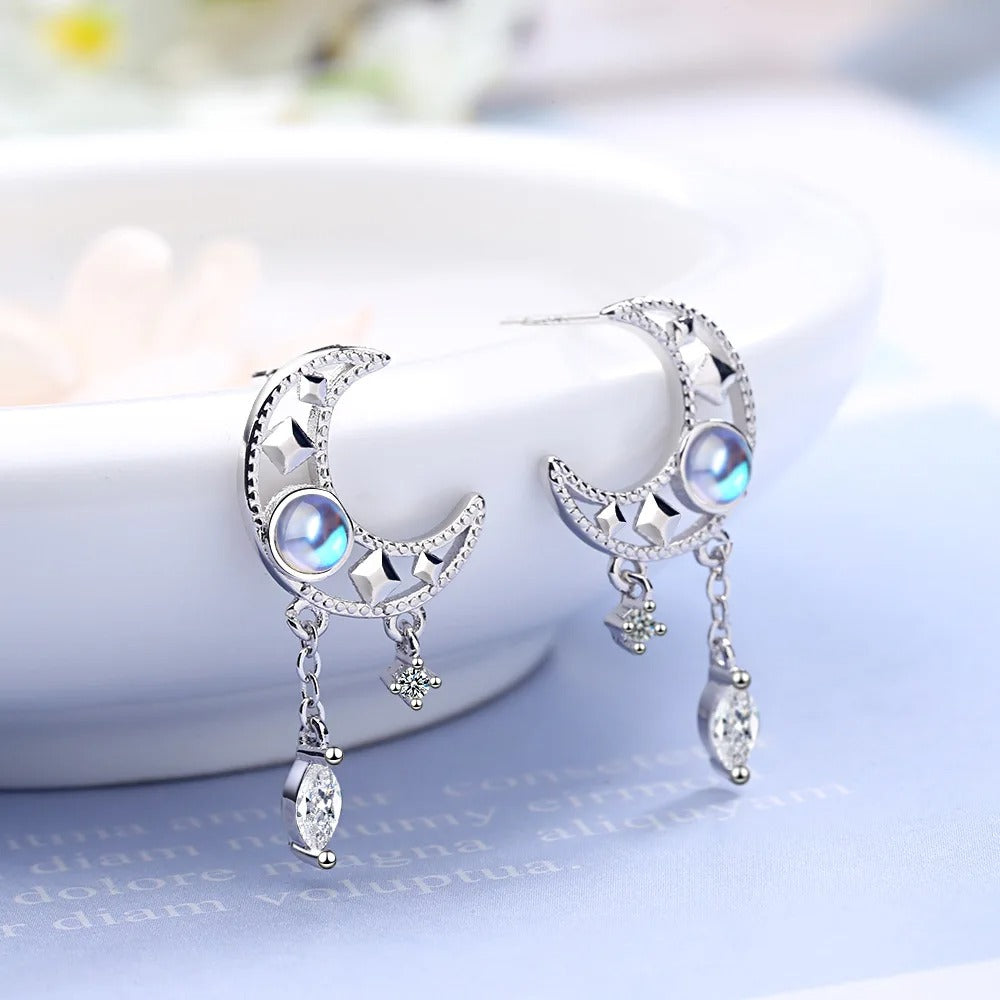 925 Sterling Silver Moon Tassel Stud Earrings for Women
