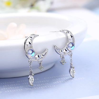 925 Sterling Silver Moon Tassel Stud Earrings for Women