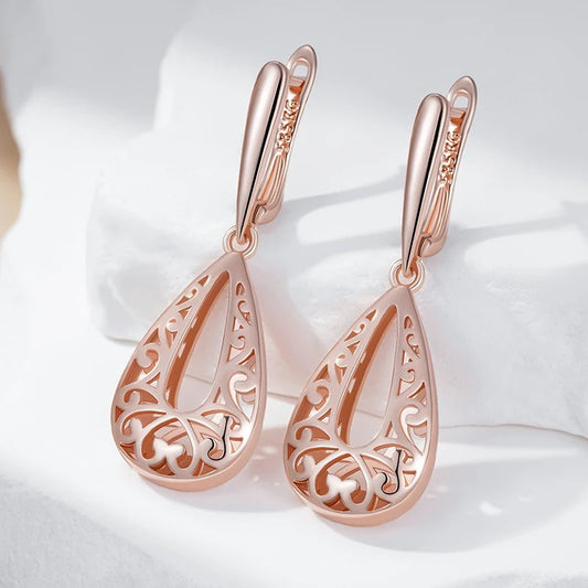 Glossy Rose Gold Dangle Earrings Women Flower Fashion Jewelry