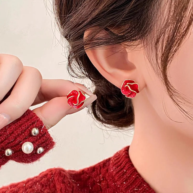 2025 Niche Design Light Luxury Temperament Unique Camellia Stud Earrings For Women Fashion Simple Metal Jewelry Gifts