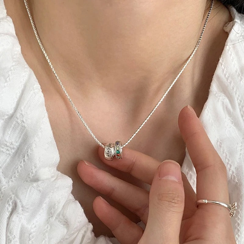 Popular 925 Sterling Silver Color Diamond Double Ring Necklace With Rainbow Letters Vintage Collarbone Chain Party Jewelry