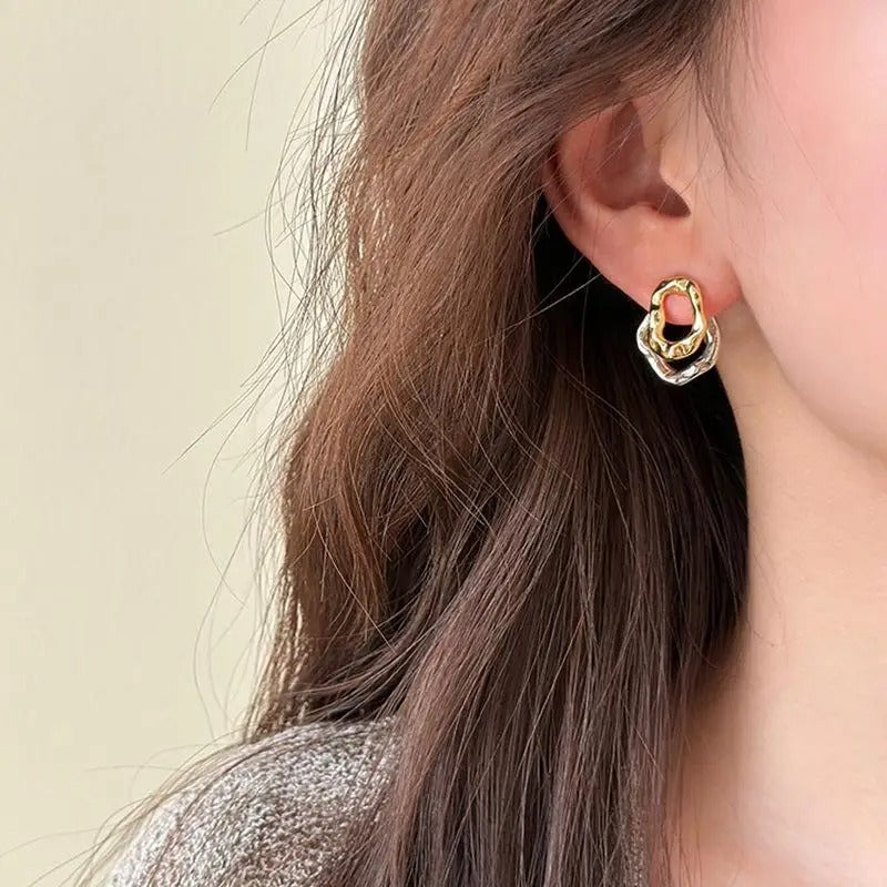 Vintage Two-Tone Metal Drop Earrings Geometric Round Women Jewelry