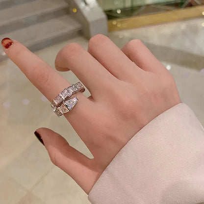 Trendy Snake Bone Shape Open Rings For Women Gold Silver Color Crystal Copper Ring Female Korean Daily Wear Jewelry Gift