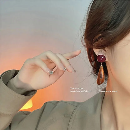 Elegant Amber Hanging Earrings Anti-Allergy Long Dangle Jewelry