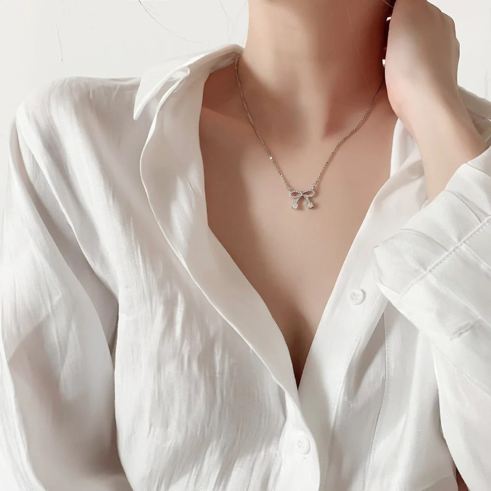 925 Sterling Silver Necklace Clavicle Chain Shining Zircon Bowknot Women's Pendant Necklace Birthday Party Gift Jewelry Gift