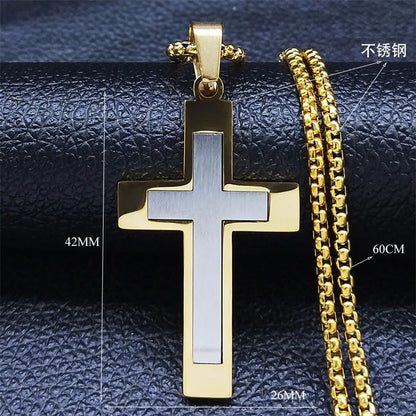 HNSP Stainless Steel Cross Pendant Chain Necklace For Men Christ Jesus Jewelry Catholic Crucifixes Rosaries Accessories