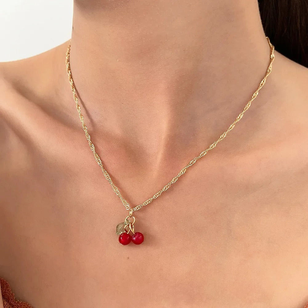 Red Cherry Necklace & Earring Set for Women Party Jewelry Gift