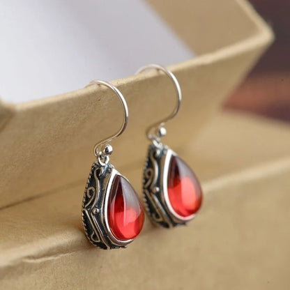 Pear Stone Drop Earrings Women Ethnic Aesthetic Carved Jewelry