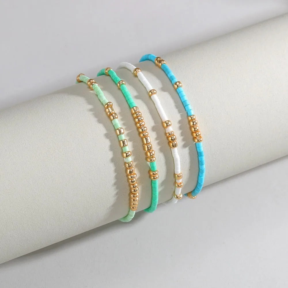 4pcs Multi-Layer Bead Bracelet Set Women Elastic Summer Jewelry