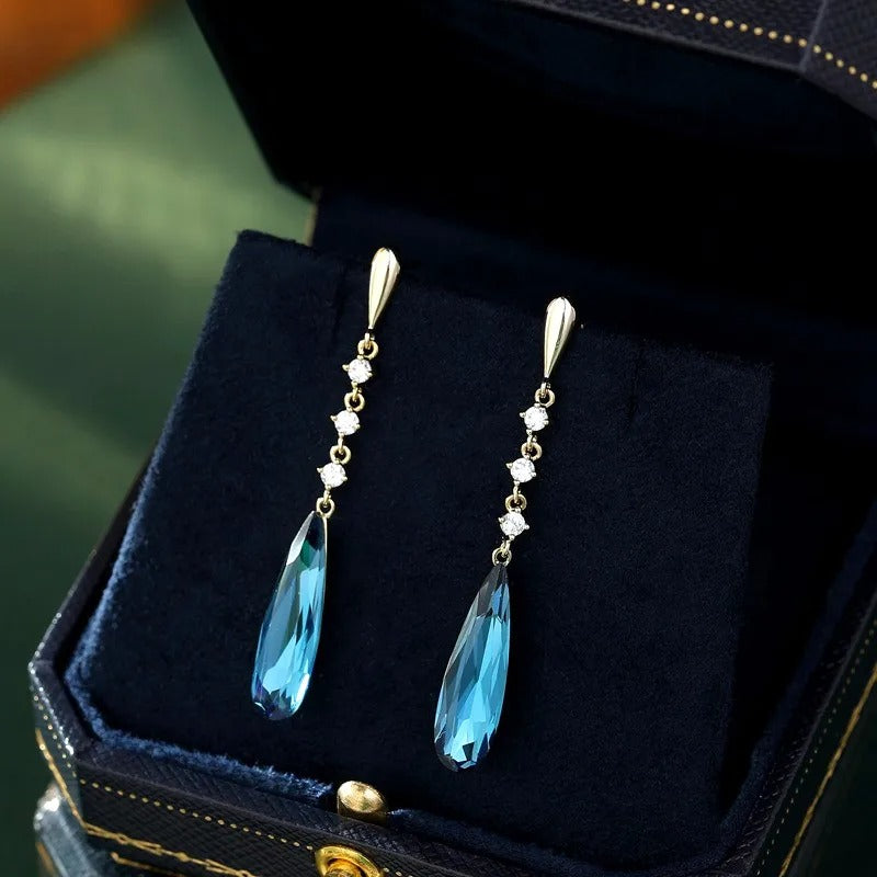 Blue Crystal Water Drop Dangle Earrings for Women Party Wedding Jewelry