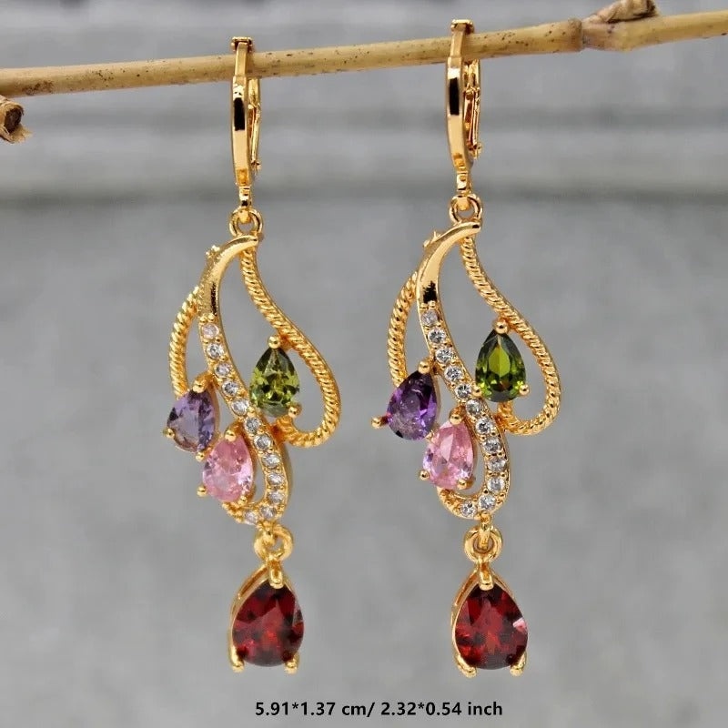 Pink Green Purple Stone Hoop Earrings Women Gold Flower Jewelry