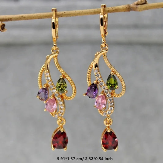Pink Green Purple Stone Hoop Earrings Women Gold Flower Jewelry
