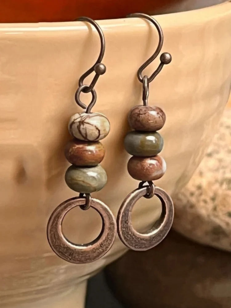 2 Pieces Vintage Bohemian Copper Natural Stone Antique Red Female Dangle Earrings