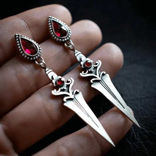 Vintage Sword Drop Earrings for Women New Water Drop Red Stone Dangle Earring Piercing Ear Accessories