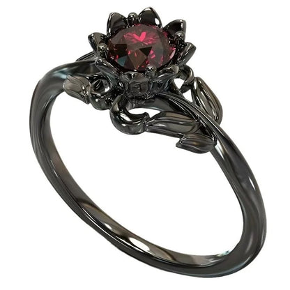 Ladies Flower Ring Gun Black Electroplated Zircon European Style