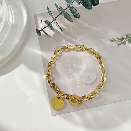 Hot Selling Titanium Steel Heart Link Bracelet for Women Gold Color Elegant Office Jewelry Gift